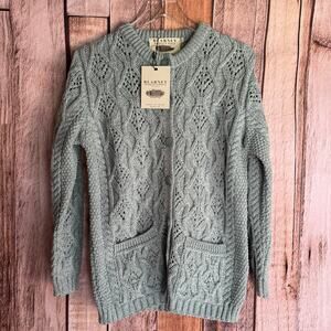 Blarney Woolen Mills Cardigan Sweater Merino Wool Lace Detail Aran Lumber Medium